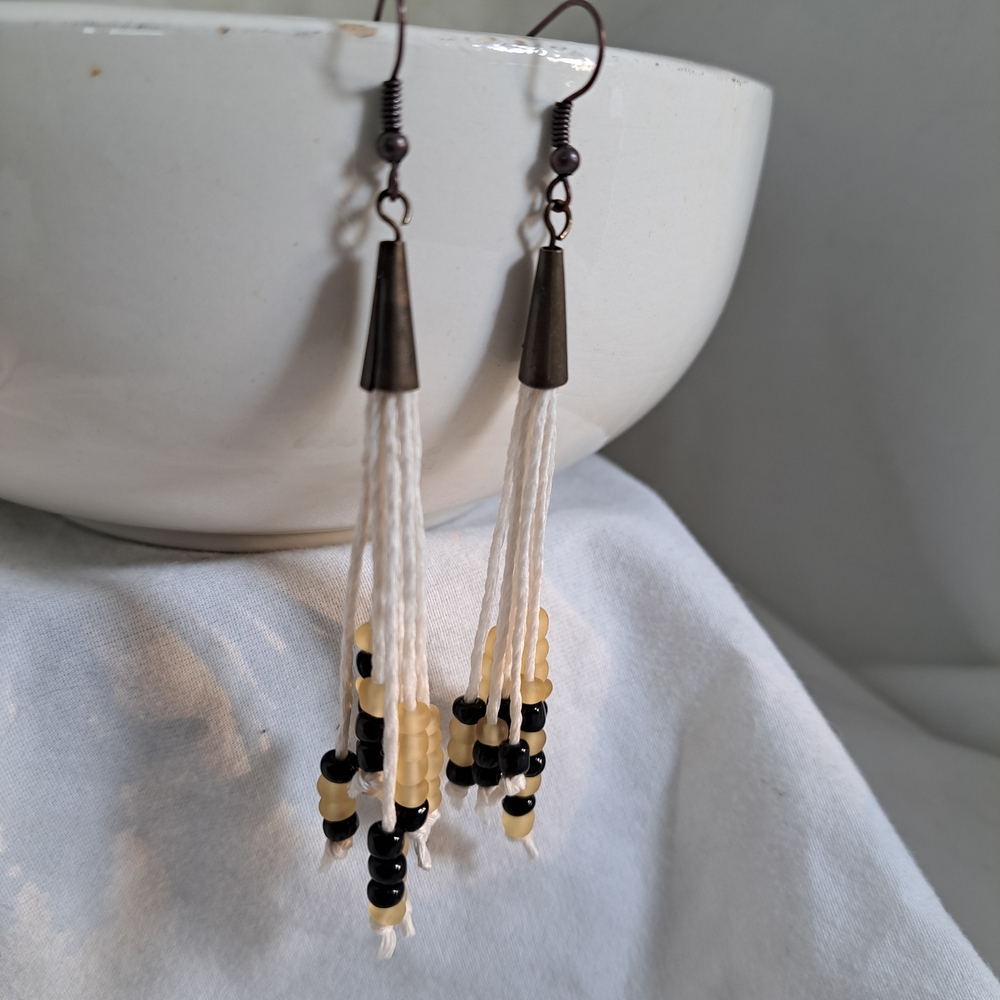 Elegant Yellow And Black Beaded Dangle Earrings Boho